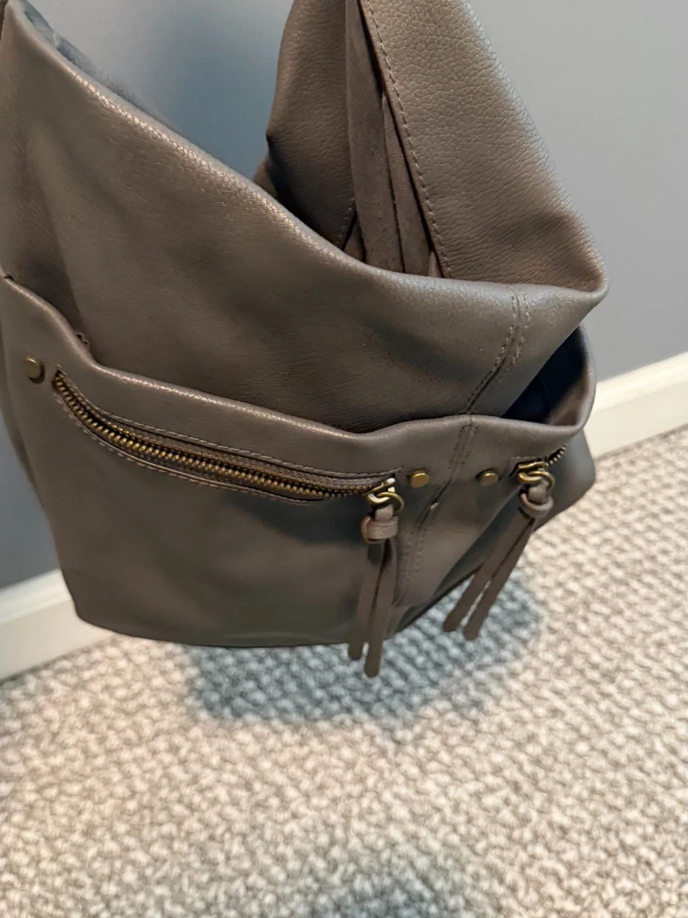 Grey Leather Sonoma Shoulder Bag - Casual Zip Front Hobo purse w/ extra strap